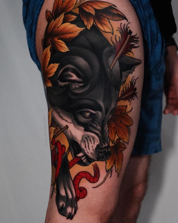 Illustrative Wolf, Leaves tattoo on Thigh