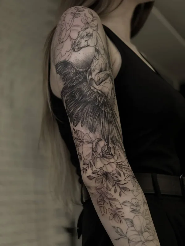 female black and grey illustrative Tatuaggio su full sleeve #79416 | Tatuatore Алёна Карчина