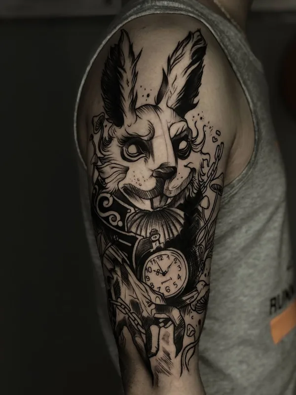 black and grey illustrative Tatuaggio su full sleeve #79421 | Tatuatore Алёна Карчина