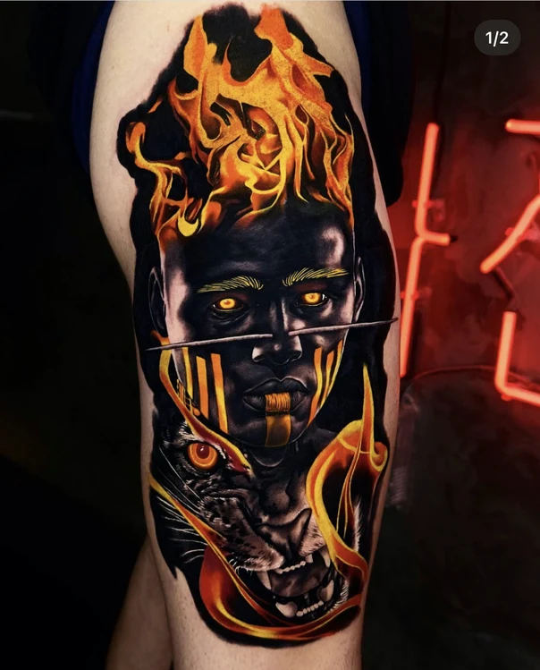 Realism Portrait, Fire tattoo on Thigh