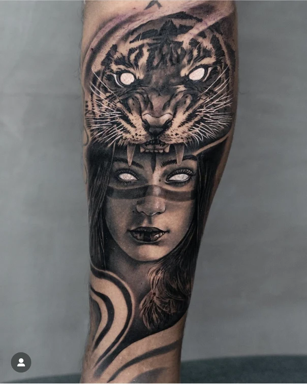 Realism Tiger, Portrait tattoo on Calf
