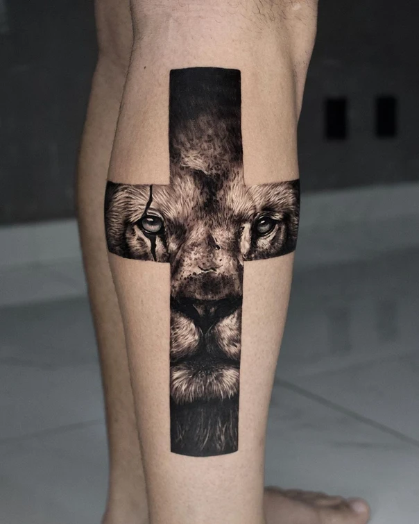 Realism Lion, Cross tattoo on Calf