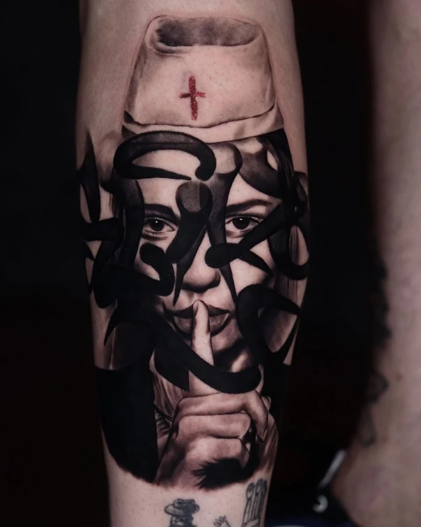 Realism Portrait, Nurse tattoo on Calf