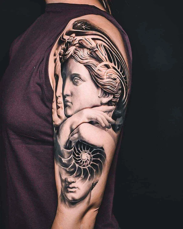 Realism Portrait, Geometric tattoo on Full Sleeve