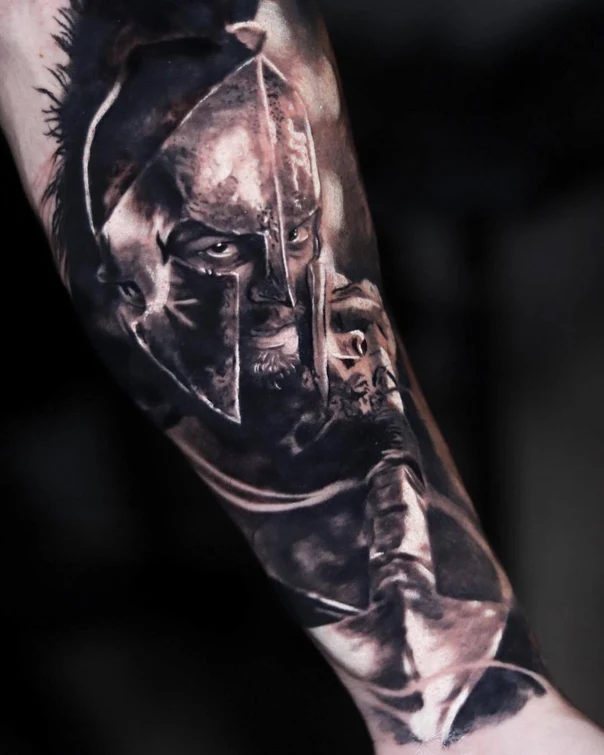 Realism Spartan, Helmet tattoo on Forearm