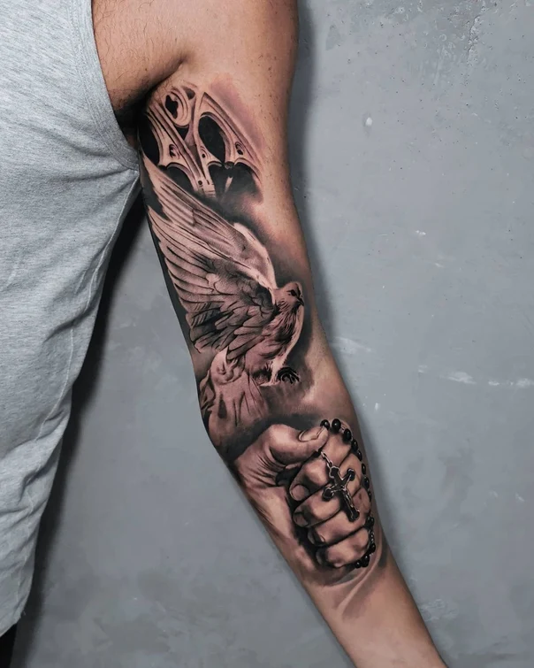 Realism Dove, Rosary tattoo on Forearm