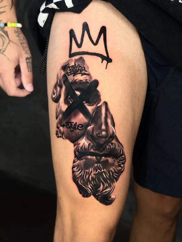 black and grey black and grey tattoo on thigh #79461 | Tattoo Artist Bruno Reis