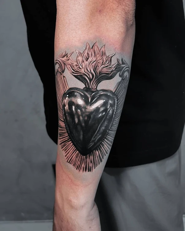 Black & Grey Heart, Flames tattoo on Forearm