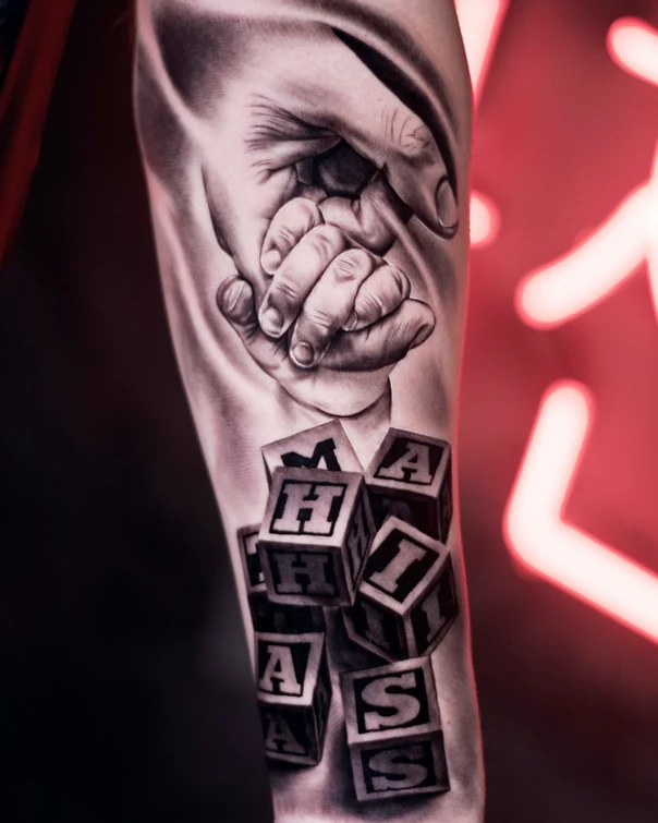 Realism Hands, Lettering tattoo on Forearm