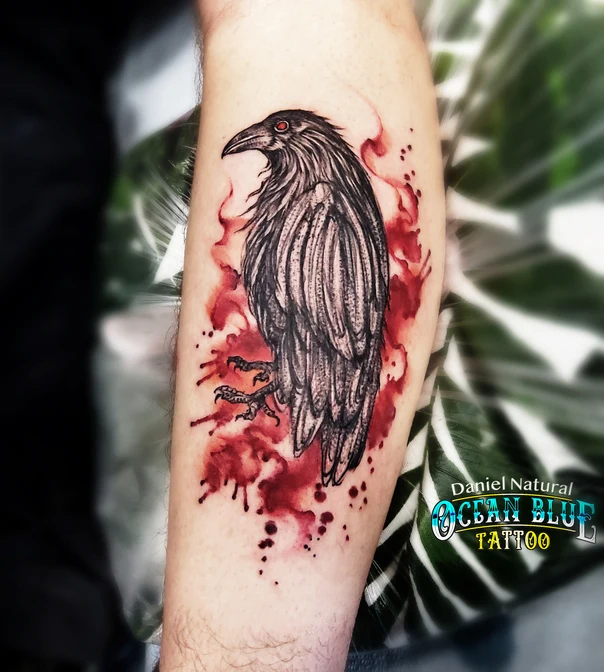 Illustrative Raven, Blood tattoo on Forearm