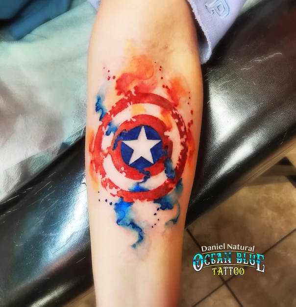 Watercolor Shield, Star tattoo on Forearm