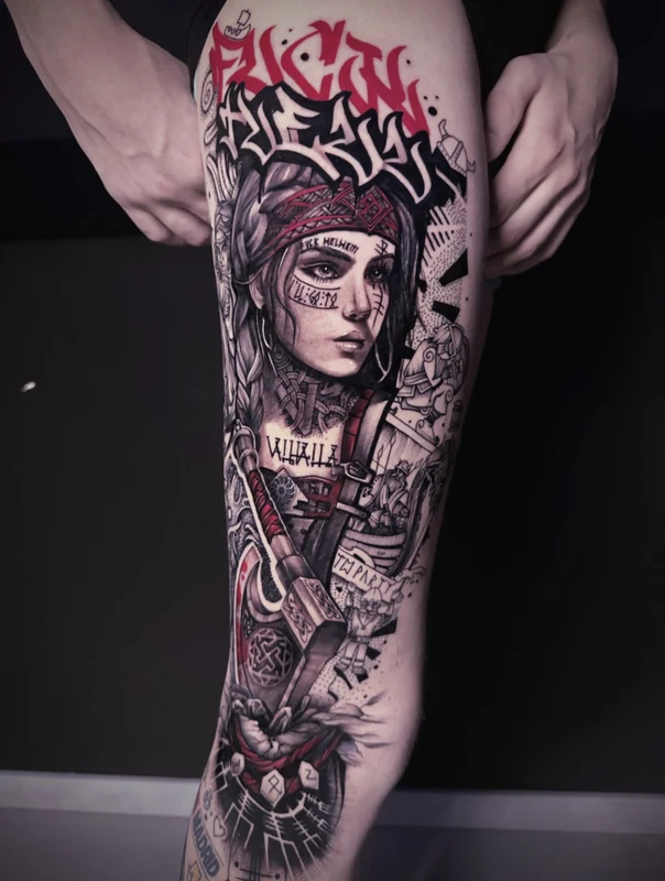 Realism Portrait, Viking tattoo on Thigh
