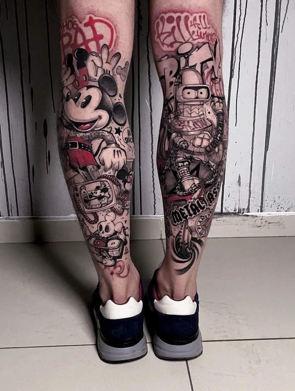 Cartoon Mickey mouse, Bender tattoo on Full Leg