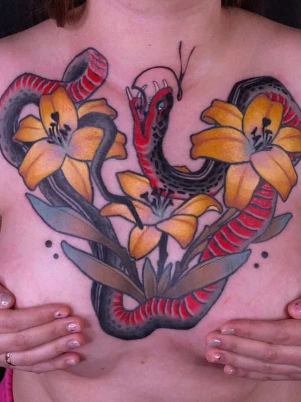 female color neo-traditional Tatuagem em chest #79573 | Tatuador Игорь Скобелев