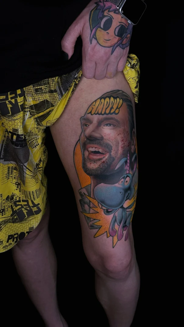 Illustrative Portrait, Cartoon tattoo on Thigh