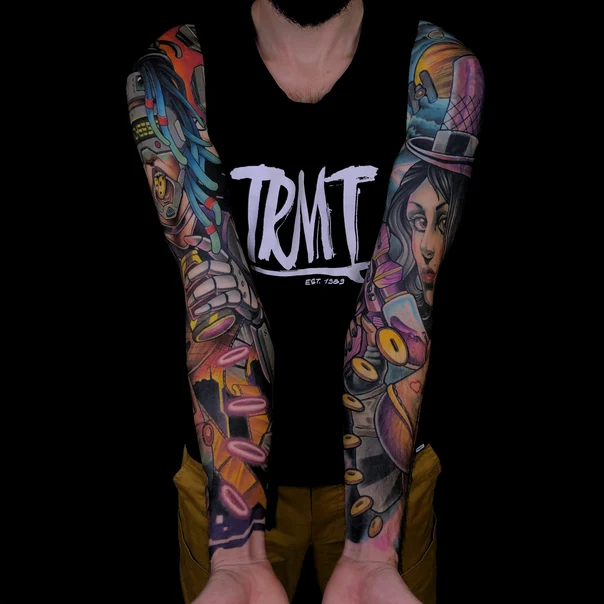 Нью-скул Portrait, Biomechanical tattoo на Полный рукав