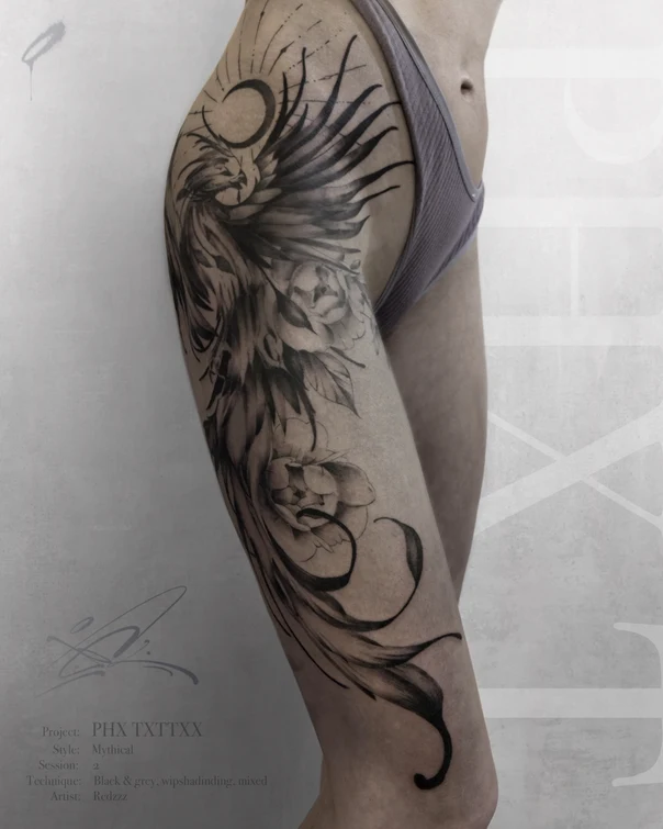 Black & Grey Phoenix, Floral tattoo on Thigh