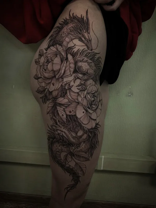 black and grey illustrative Tatuaggio su thigh #79626 | Tatuatore Алексей Корнеев