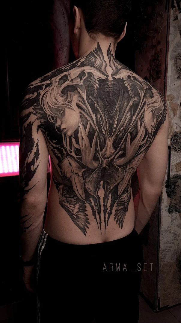 Блэкворк Angel, Wings tattoo на Спина (полная)