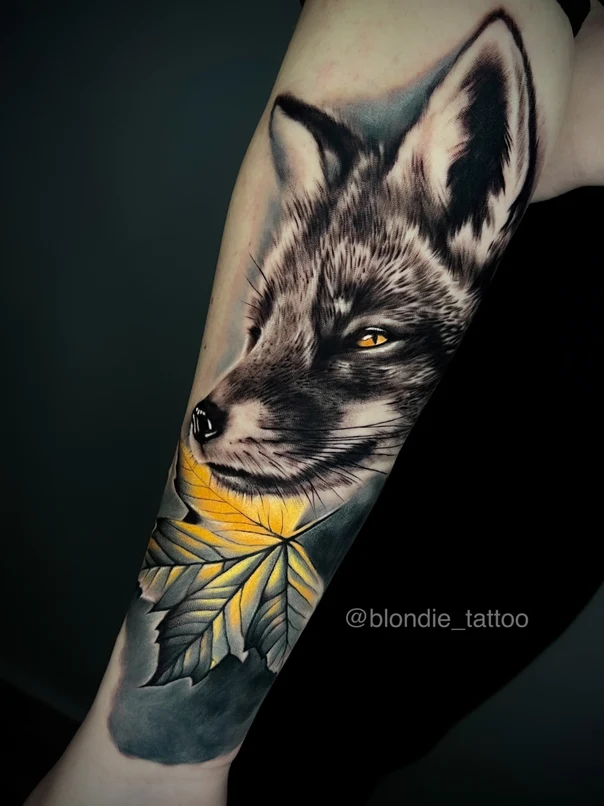 Realism Fox, Leaf tattoo on Forearm
