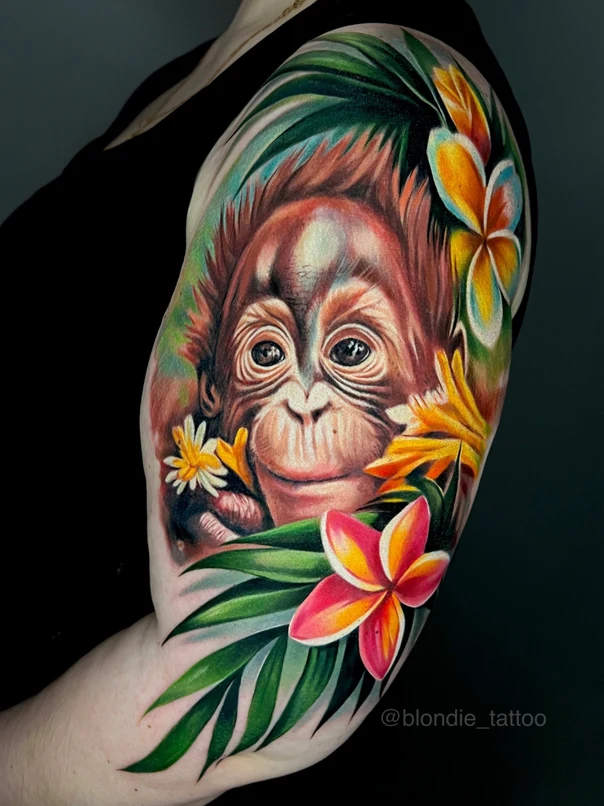 Realism Orangutan, Flowers tattoo on Upper Arm