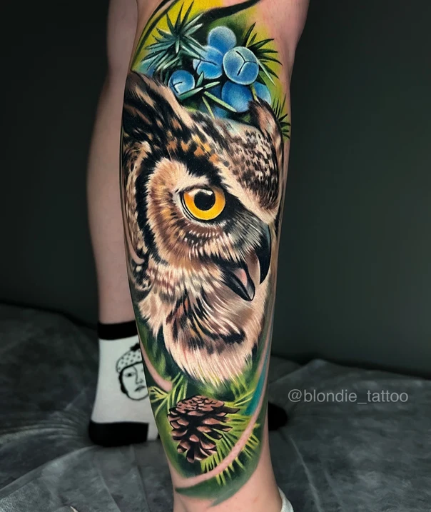 Realism Owl, Pinecone tattoo on Shin