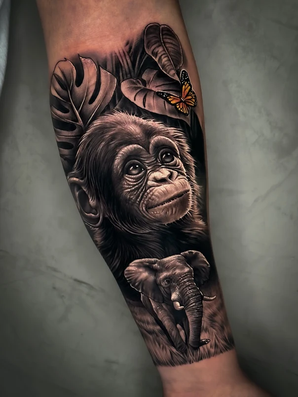 Realism Monkey, Elephant tattoo on Forearm