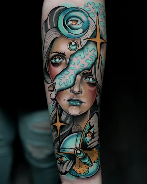 Illustrative Portrait, Eye tattoo on Forearm