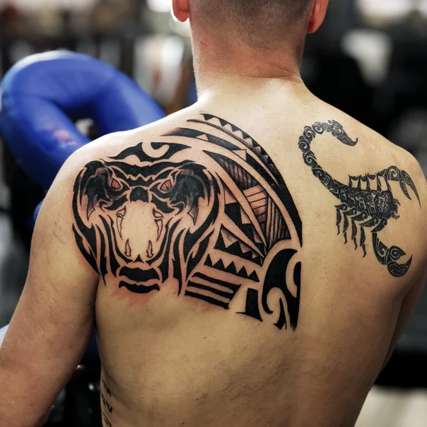 Tribal Snake, Scorpion tattoo on Upper Back