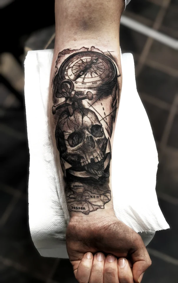 Black & Grey Skull, Compass tattoo on Forearm