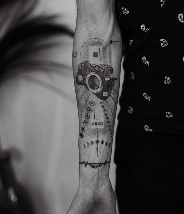 Black & Grey Camera, Geometric tattoo on Forearm