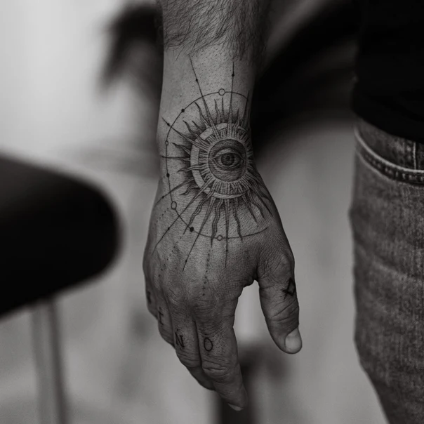 Blackwork Eye, Sun tattoo on Back of Hand