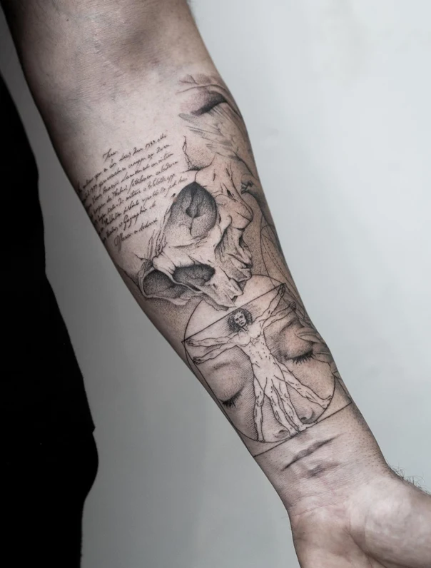 Blackwork Skull, Vitruvian man tattoo on Forearm