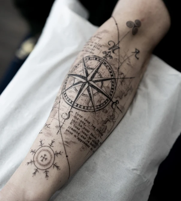 Blackwork Compass, Map tattoo on Forearm