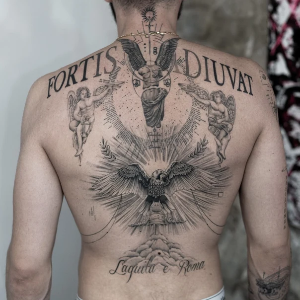Black & Grey Angel, Eagle tattoo on Full Back