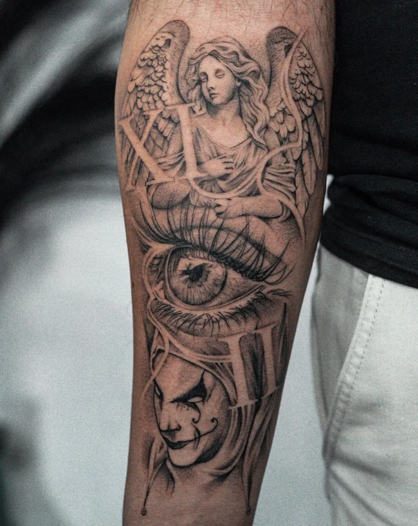 Black & Grey Angel, Eye tattoo on Forearm