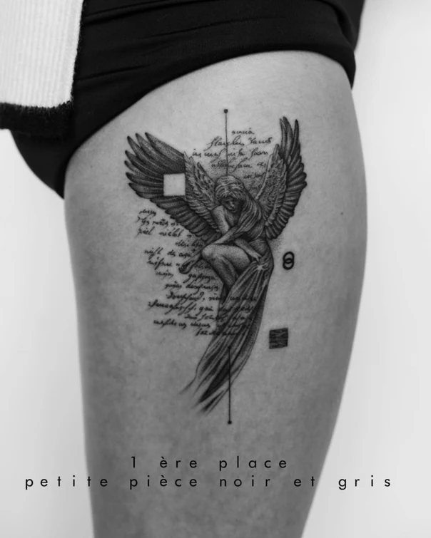 Black & Grey Angel, Wings tattoo on Thigh