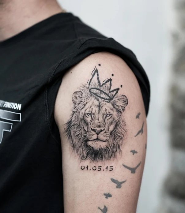 Realism Lion, Crown tattoo on Shoulder