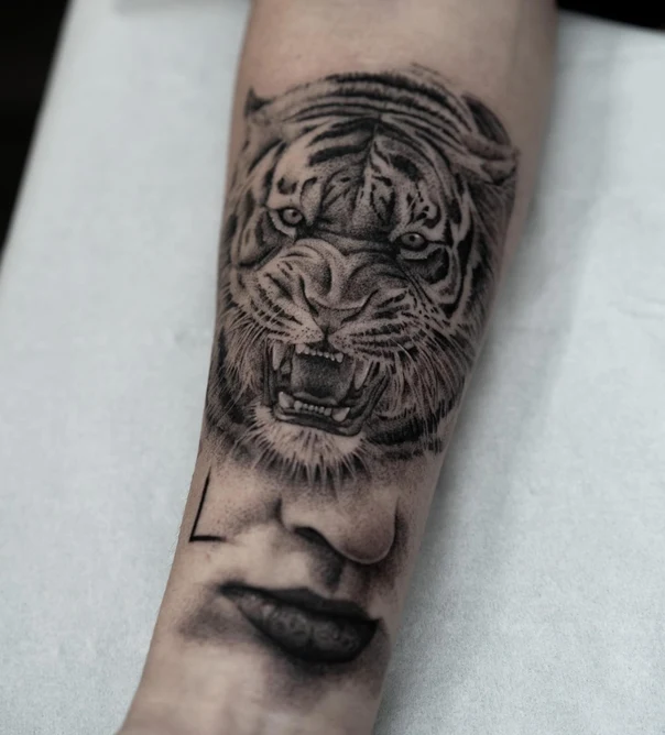 Realism Tiger, Face tattoo on Forearm