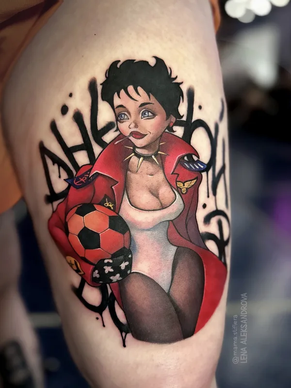 female color illustrative tatuaje en thigh #80048 | Tatuador Лена Александрова