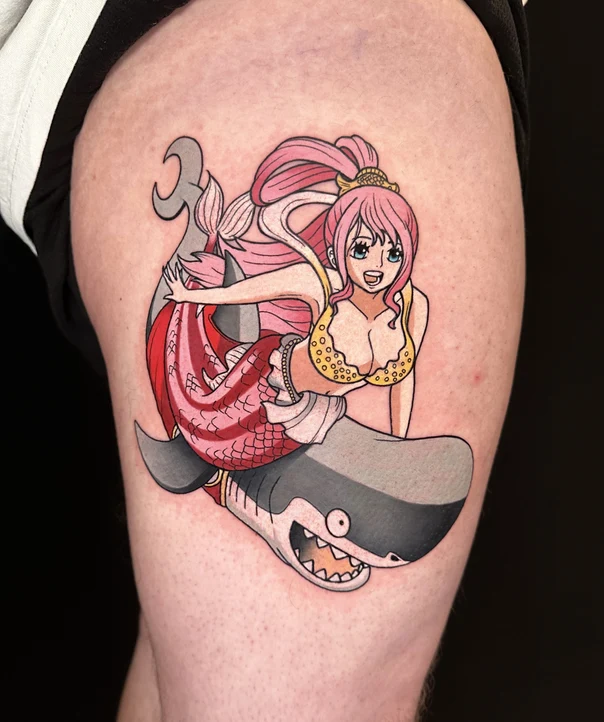 Anime Mermaid, Shark tattoo on Thigh
