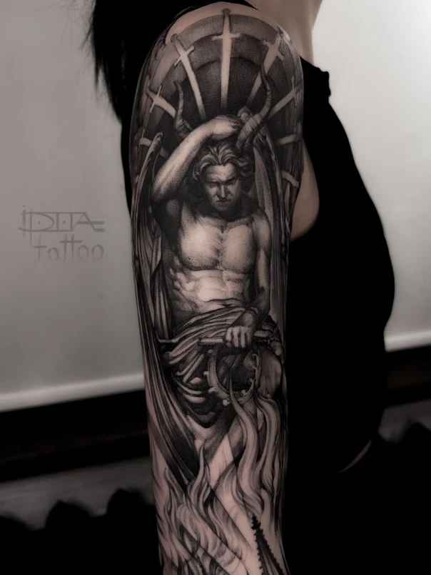 Реализм Demon, Angel tattoo на Полный рукав