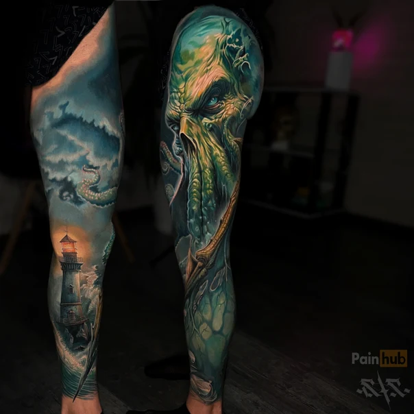 Realism Monster, Lighthouse tattoo on Full leg