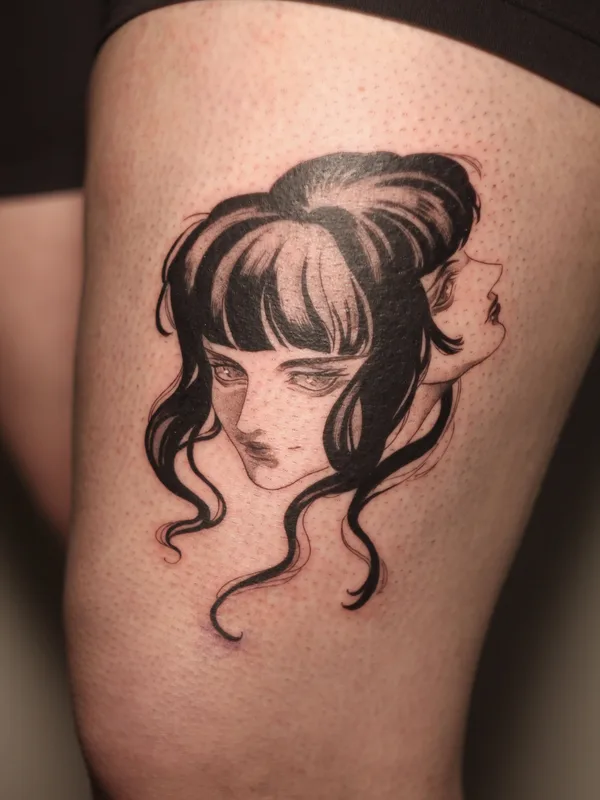 female black blackwork 纹身 在 thigh #80363 | 纹身师 Катя Tsugisa