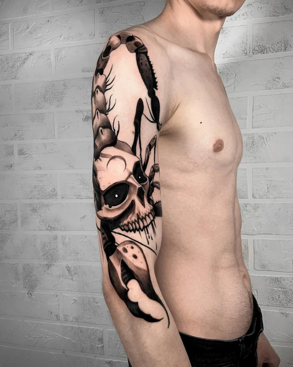 Blackwork Skull, Scorpion tattoo on Full Sleeve