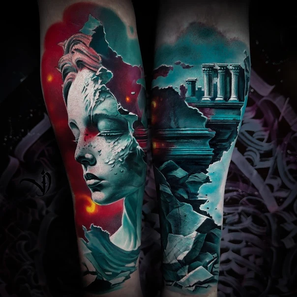 Сюрреализм Portrait, Landscape tattoo на Предплечье