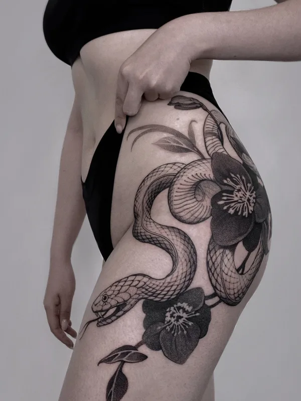 female black graphic tattoo on thigh #80696 | Tattoo Artist Anastasia Veresktt