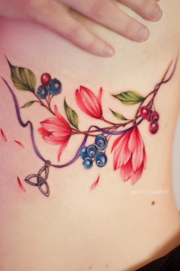 Watercolor Flowers, Berries tattoo on Side