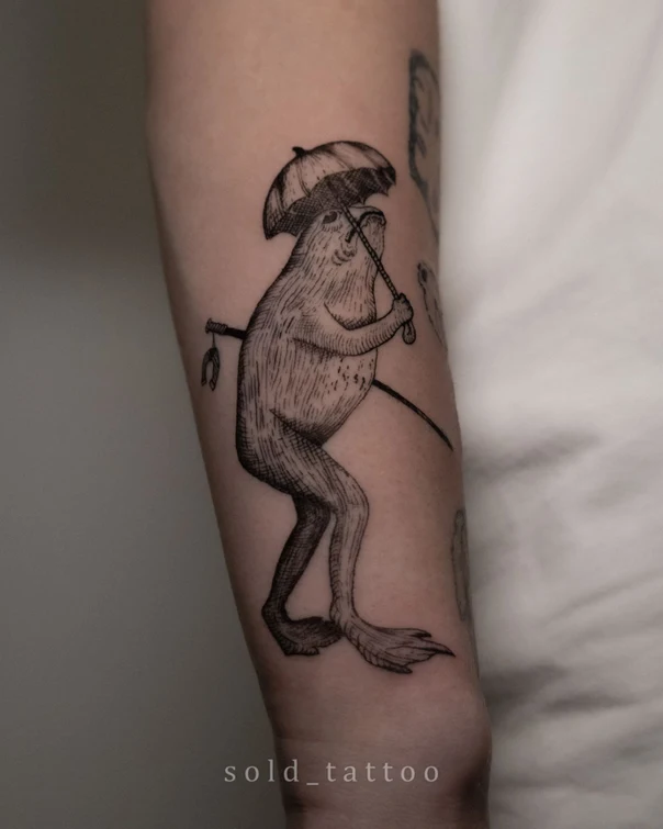 Гравюра Frog, Umbrella tattoo на Предплечье