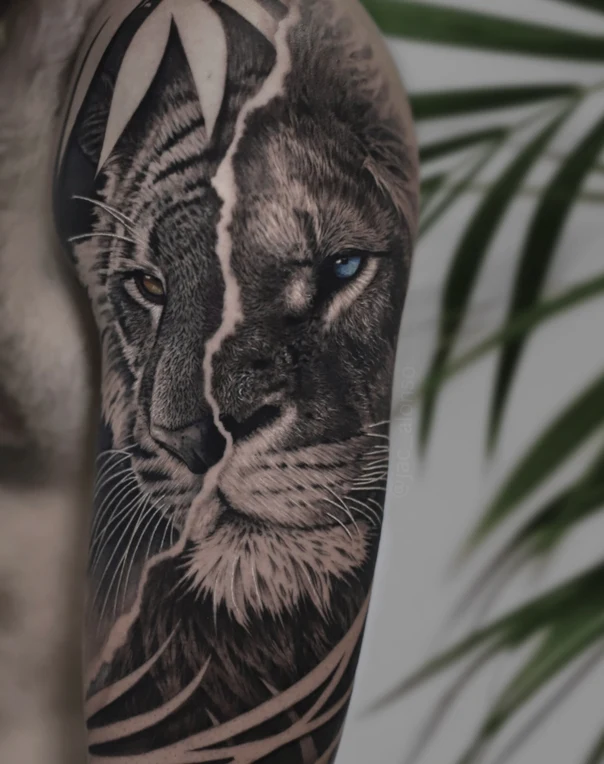 Realism Lion, Tiger tattoo on Upper Arm
